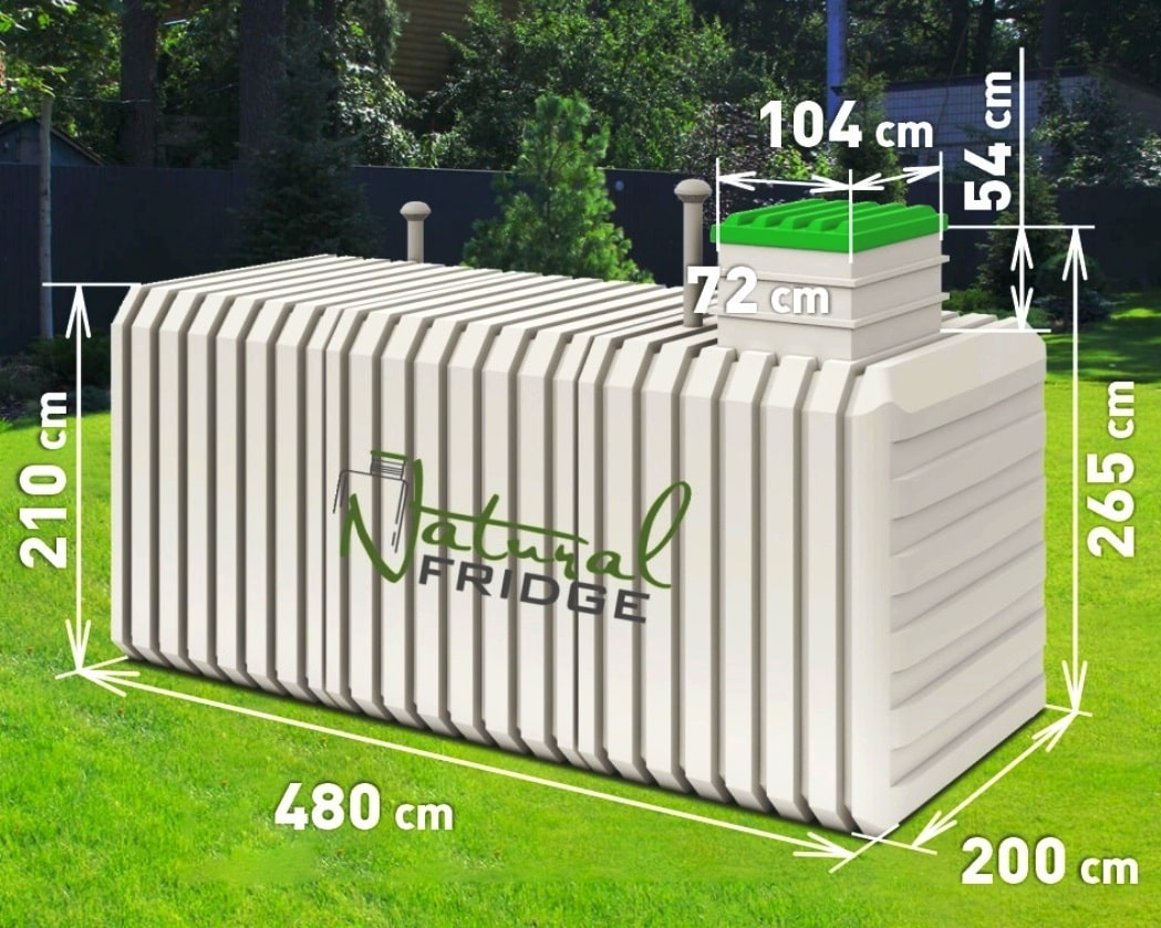 Erdkeller Modell 200x480 Aus Polyethylen, für den Kontakt mit Lebensmitteln geeignet. Körper es wurde als eine Einheit hergestellt, ohne Verbindungen oder Schweißnähte.  Erdkeller Modell 200x480 Natural Fridge  14.460  EUR inkl. MwSt. , zzgl.  Versandkosten
