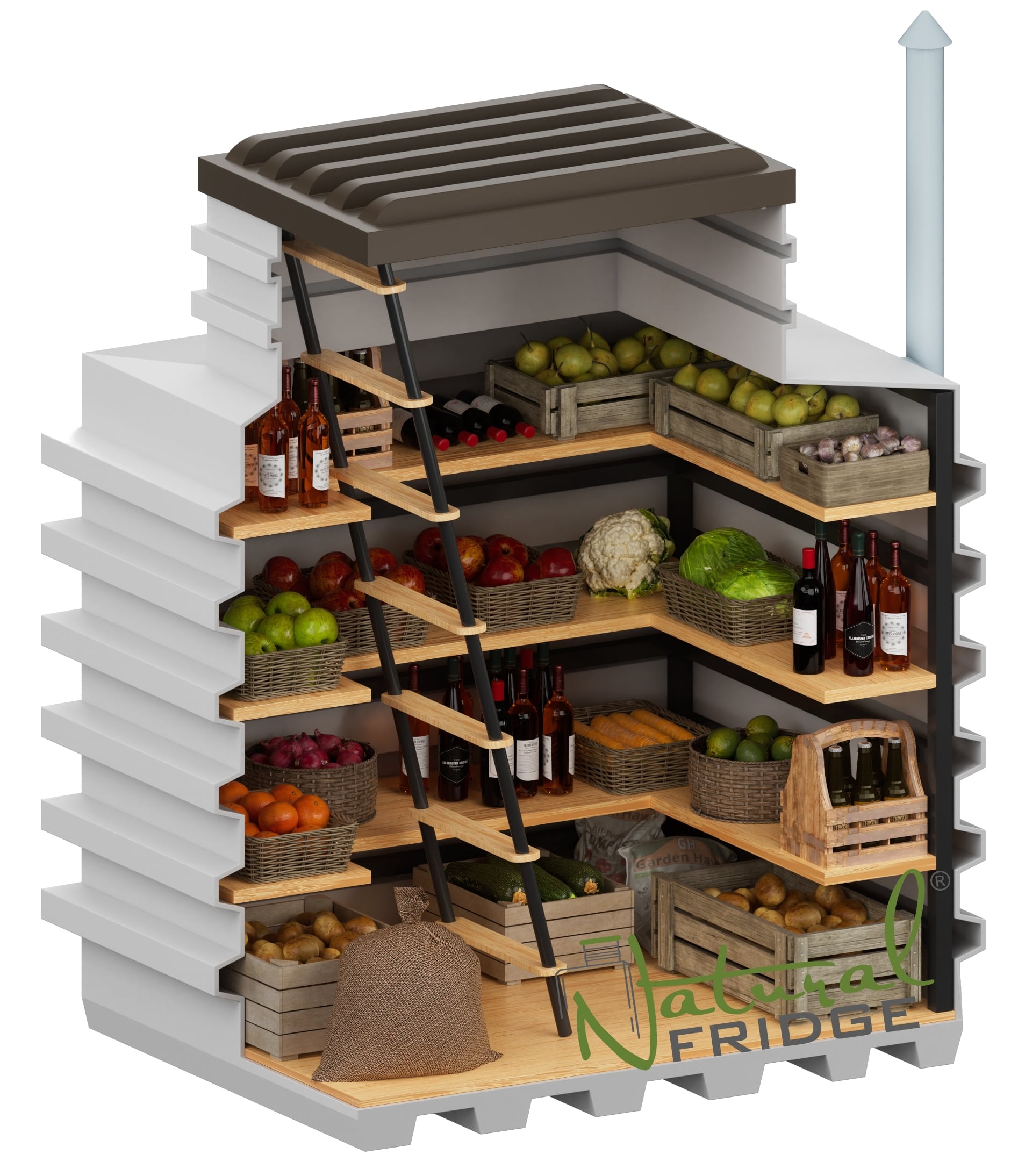 Erdkeller Modell 130x160 – 3 Regalreihen   – Länge 160 cm  – Breite 130cm  – Höhe 200cm   – Volumen 3,0 m³  – Gewicht 350    – Eingangsmaße 70х100 cm  – Regalfläche  Erdkeller Modell 130x160 Natural Fridge  3.640  EUR inkl. MwSt. , zzgl.  Versandkosten