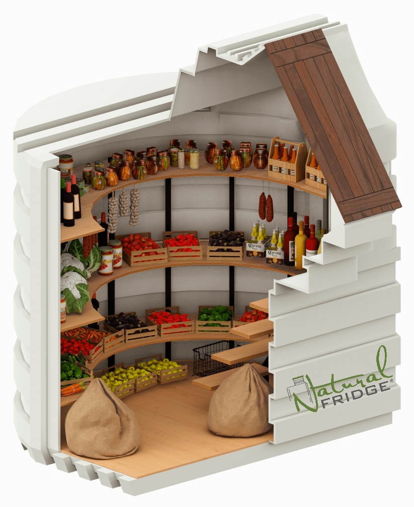 Piwnica ogrodowa Natural FRIDGE &reg;, spizarnia, ziemianka ogrodowa 2,0 m x 1,75 m z pochylym wejsciem FRIDGE – gotowa plastikowa piwniczka, wyposażona w półki, schody i wentylację grawitacyjną. Hermetyczna,  🍏 Regulamin Natural Fridge -  Oferta