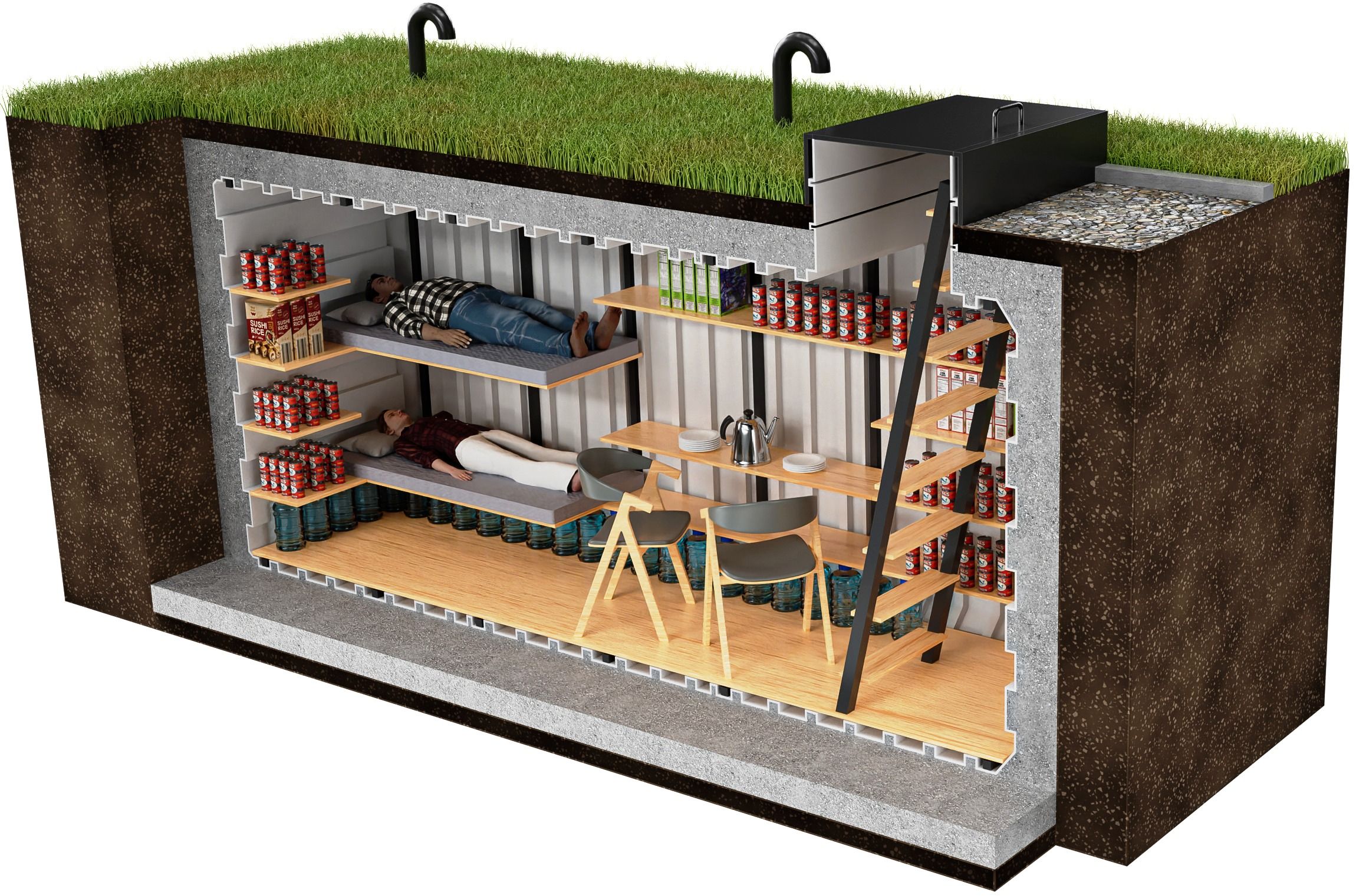 Luftschutzbunker, shelter, Sicherheitskeller – 4 Schlafplätze und 4 Sitzplätze – oder 12 Sitzplätze – Innenvolumen 17,5 m³  – Robuste Stahltür, 6 mm stark – Natürliche Belüftung  Schutzraum 480 Natural Fridge  23.590  EUR inkl. MwSt. , zzgl.  Versandkosten