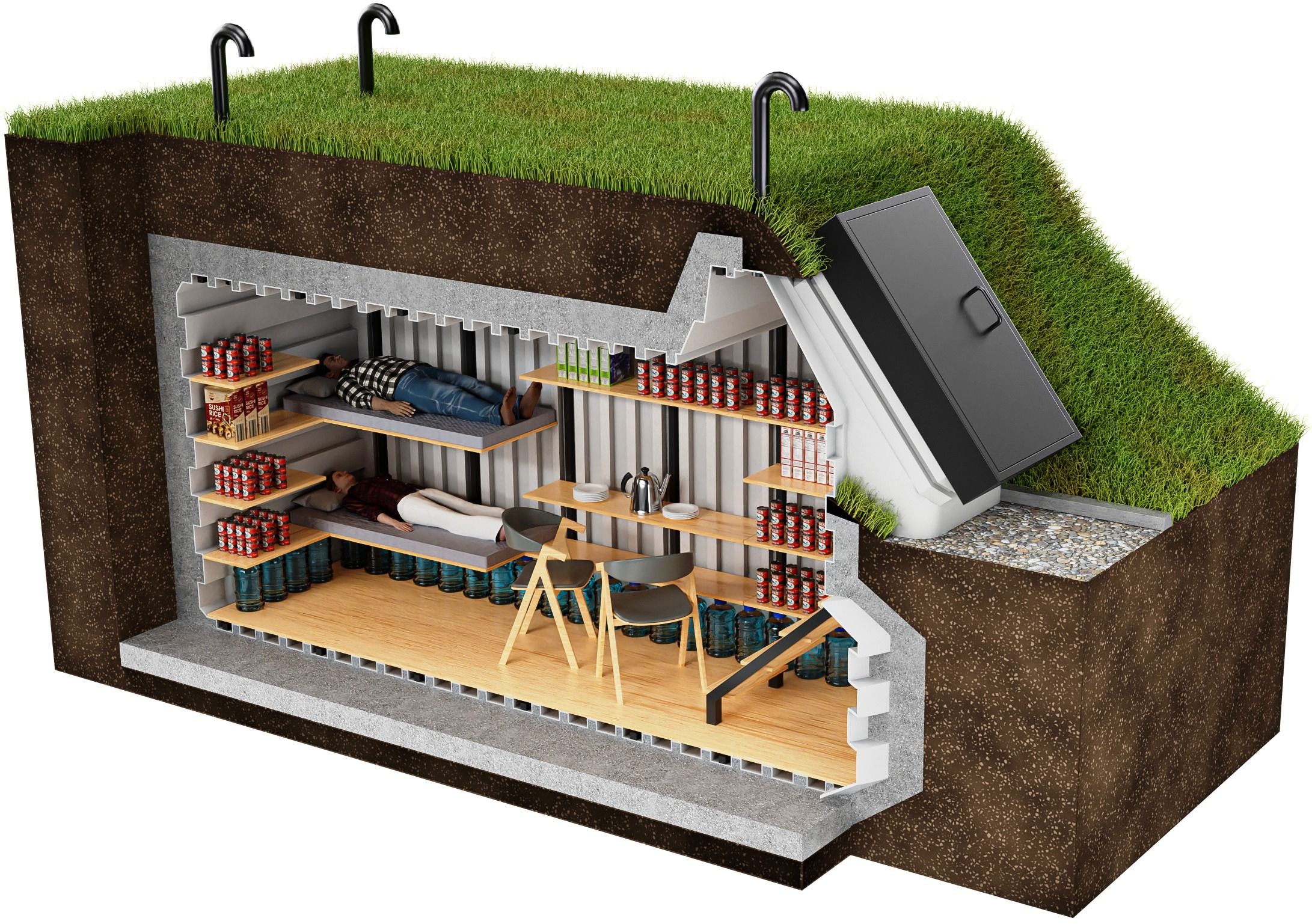 Überlebensbunker, Atomschutzbunker privat – 4 Schlafplätze und 4 Sitzplätze – oder 12 Sitzplätze – Innenvolumen 18,3 m³   – Robuste Stahltür, 6 mm stark – Natürliche Belüftung  Schutzraum 500 Natural Fridge  23.590  EUR inkl. MwSt. , zzgl.  Versandkosten